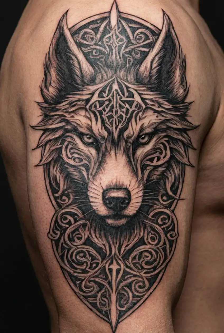 wolf with blue eyes on armor tattoo design featuring Celtic trinity knot  tattoo design idea