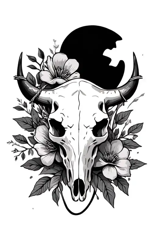 bull skull with barb wire and flowers tattoo design idea