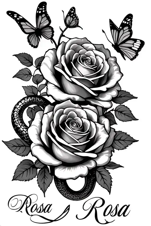 a tattoo  for an arm of two roses with two butterflies and a snake with the name Rosa in cursive fine  tattoo design idea