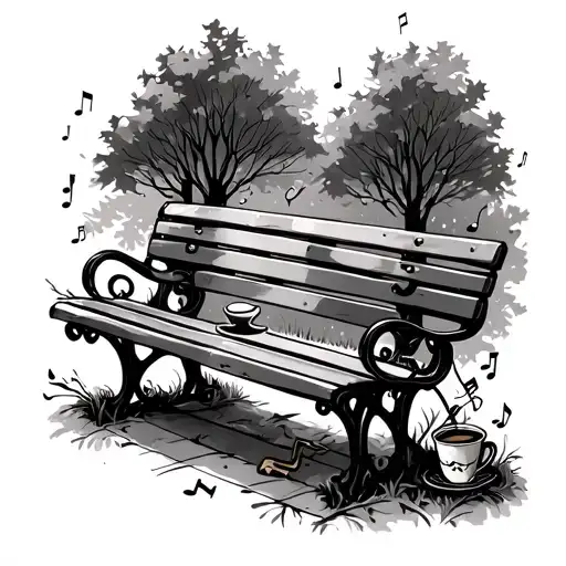 A sketch tattoo of a park bench with a coffee cup and musical instruments scattered around it tattoo design idea