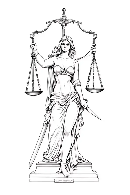 stading sexy lady of justice holding scales of justice in one hand and a sword in the oher hand tattoo design idea
