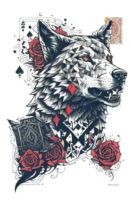 half realistic and half geometric wolf with 2 and 7 playing cards then background of red roses and fire for full sleeve tattoo design idea