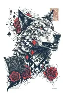 half realistic and half geometric wolf with 2 and 7 playing cards then background of red roses and fire for full sleeve tattoo design idea