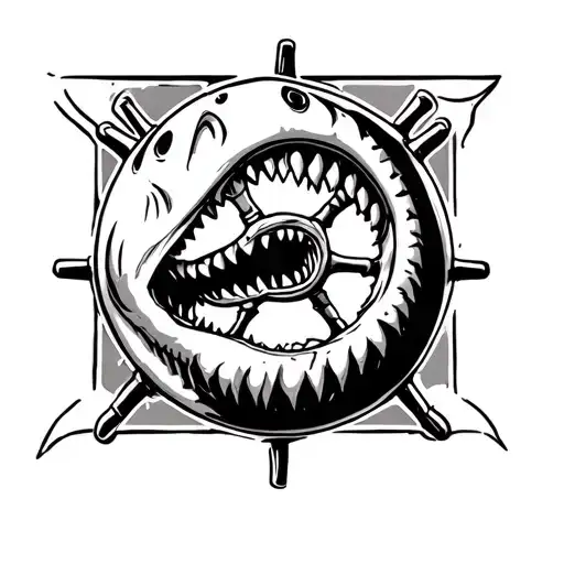 shark jaw around knee cap with a ship wheel inside  tattoo design idea