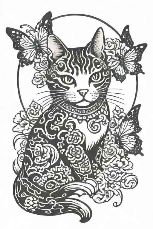 cat butterfly moon tattoo design idea