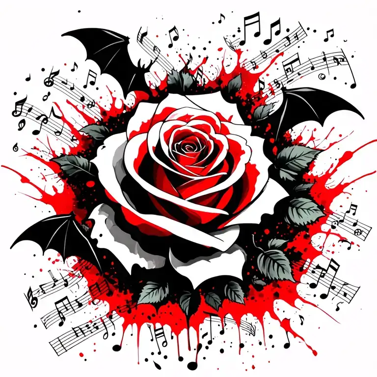 rose bats swirls music notes floating tattoo design idea