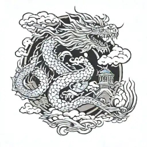 dragon with japanese temple with clouds tattoo design idea