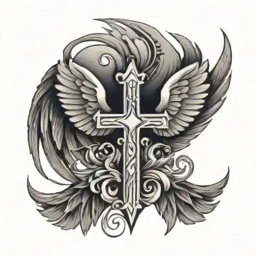 a simple cross with angel wings and the initials "M.V." on it tattoo design idea