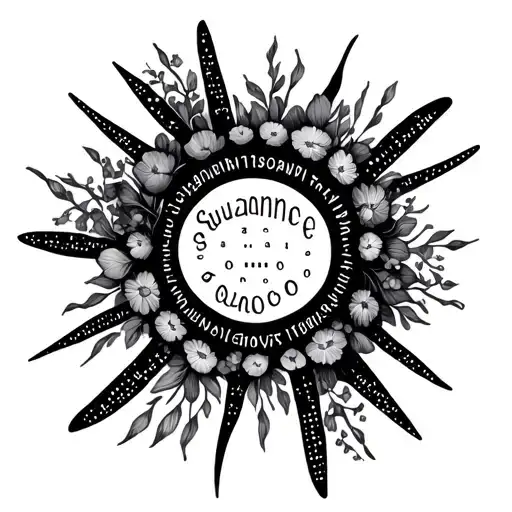 Suzanne written in Morse code forming the shape of a circle. rays of the sun emanating from the circle, with flowers  tattoo design idea