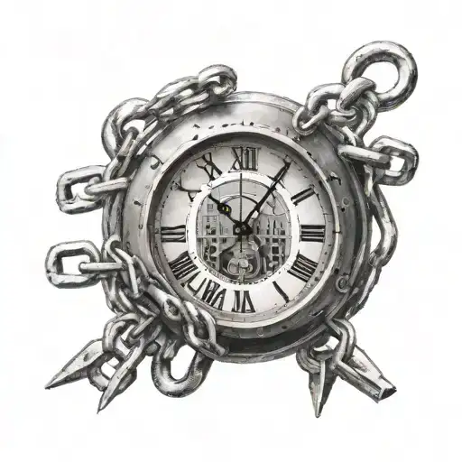 clock face as a ball and chain wrapped around a prisoner with prison bars in the foreground  tattoo design idea