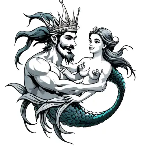king triton with baby Ariel  tattoo design idea