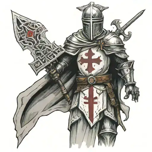Give me a photo of Templar knight with cross in hand tattoo design idea