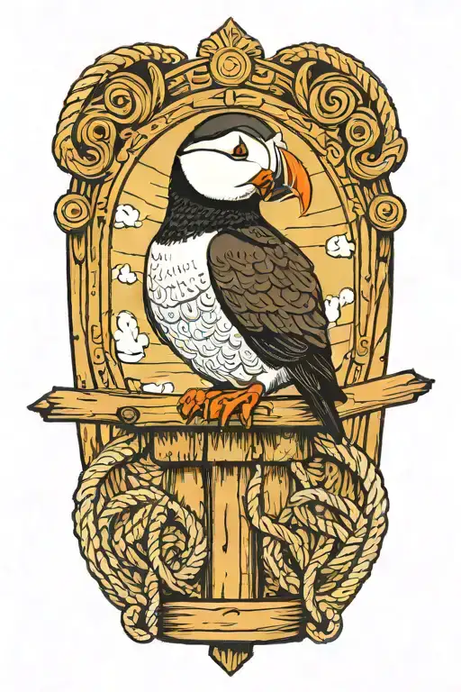 male puffin perched at the end of wood dock pilings with rope wrapped. An old scandinavian viking ship at sea background tattoo design idea