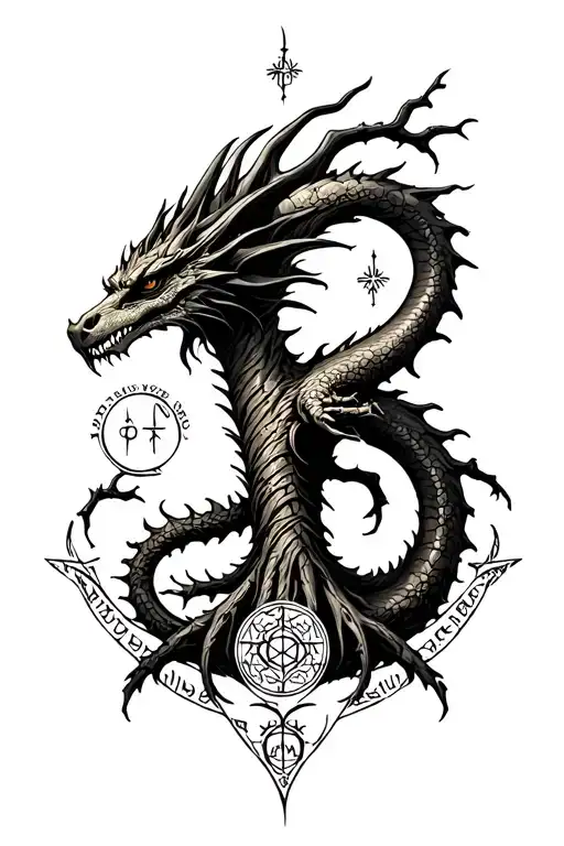 nordic tree of life with a nordic dragon wrapped around and runes surrounding it tattoo design idea