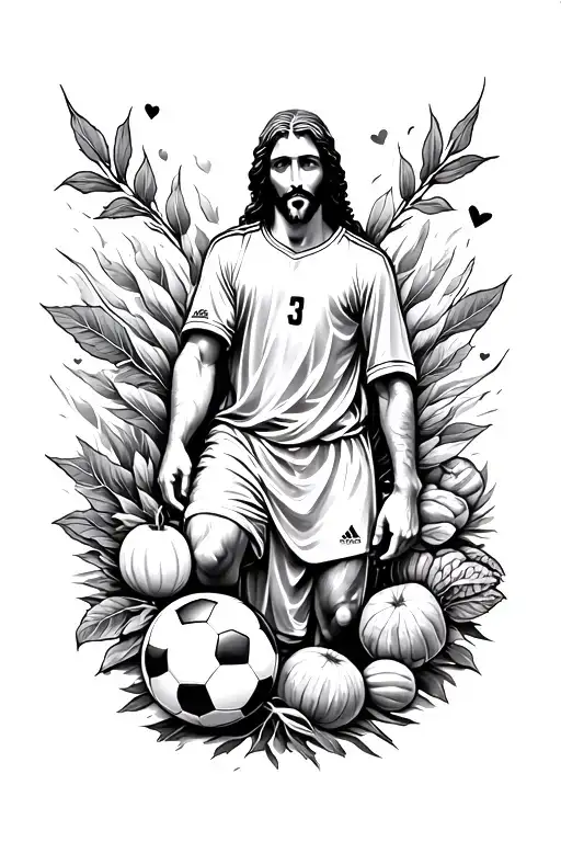 Sleeve for a guy who loves soccer and jesus and vegteables tattoo design idea