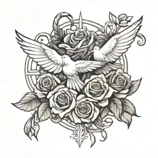roses, doves, cross intertwined tattoo design idea