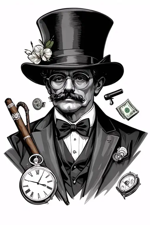 a monocle, a cigar, top hat, cuff links, bowtie, cane, money clip and a pocket watch tattoo design idea