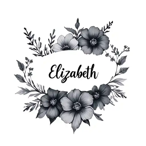 flowers with the name elizabeth cursive tattoo design idea
