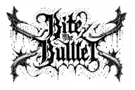 "Bite The Bullet" dark gothic lettering tattoo, blackwork script fused with abstract sigils,dotwork, aggressive contrast tattoo design idea