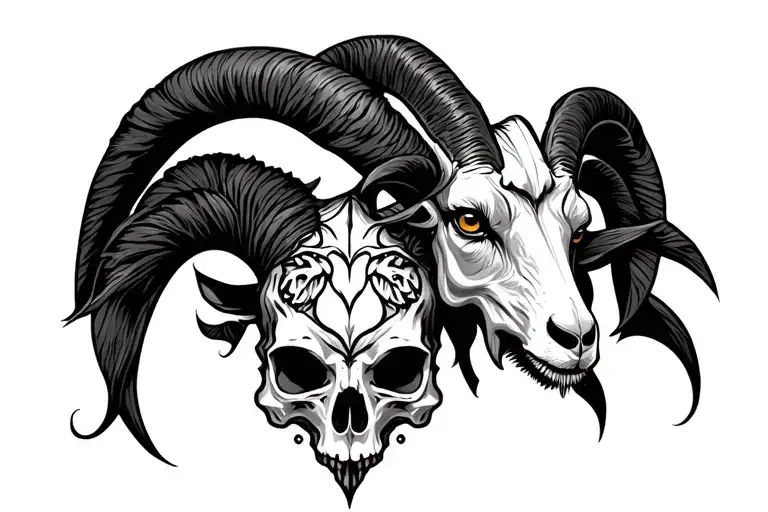 gothic neo trad tattoo for a back peice with a skull goat[ tattoo design idea