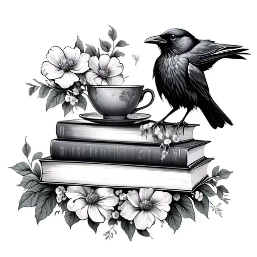 stack of three books surrounded by flowers with a tea cup on top of the books and a raven bird perched on the cup tattoo design idea