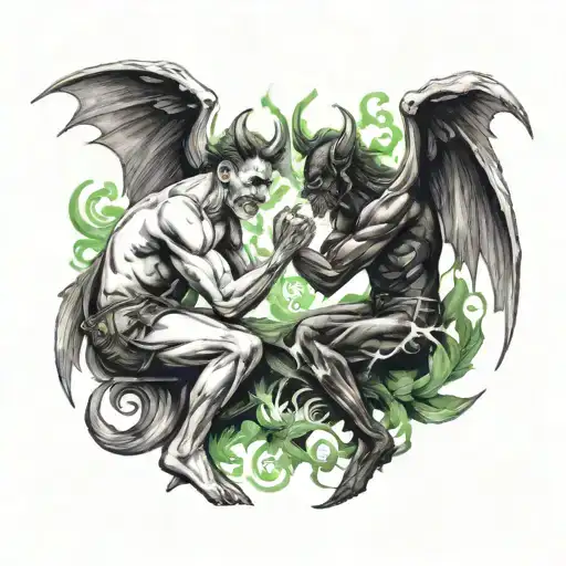 fight scene between devils and angels smoking weed tattoo design idea