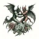 fight scene between devils and angels smoking weed tattoo design idea