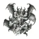 fight scene between devils and angels smoking weed tattoo design idea