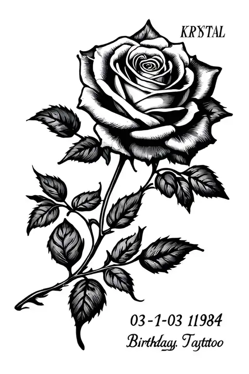 Krystal name in cursive leading out of rose stem with Roman numerals of the birthday 03-03-1984 tattoo design idea