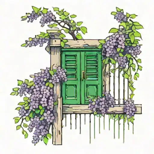 Make a tattoo including wisteria flowers covering a wire fence and a green wooden door tattoo design idea
