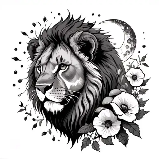 lioness with poppy flowers holly berry mushrooms moon and sun tattoo design idea
