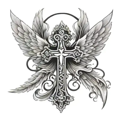 Gangsta cross with angel wings tattoo design idea