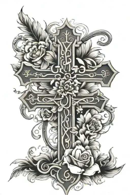 Cross with roman numerals and flowers behind it tattoo design idea