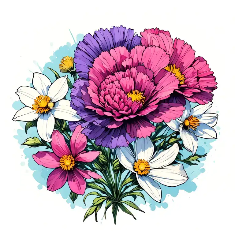 purple carnation pink cosmos white daffodil flowers tattoo design idea