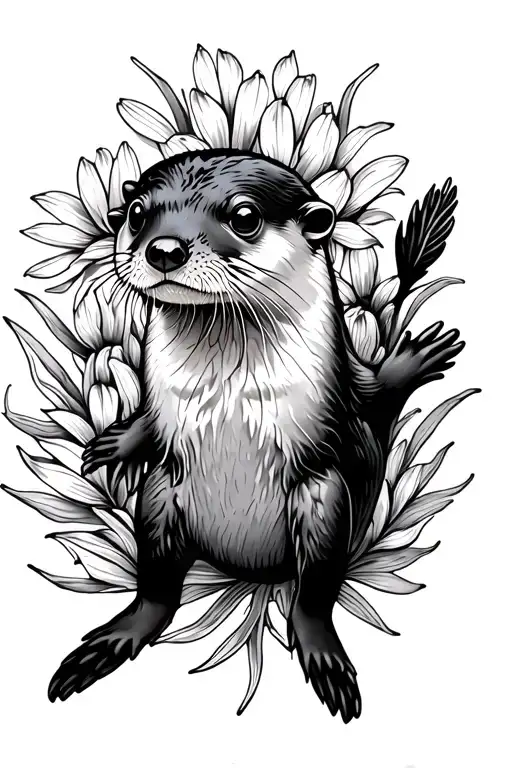 Otter swimming with sea flowers behind tattoo design idea