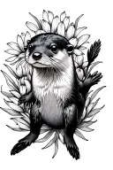 Otter swimming with sea flowers behind tattoo design idea