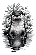 Otter swimming with sea flowers behind tattoo design idea