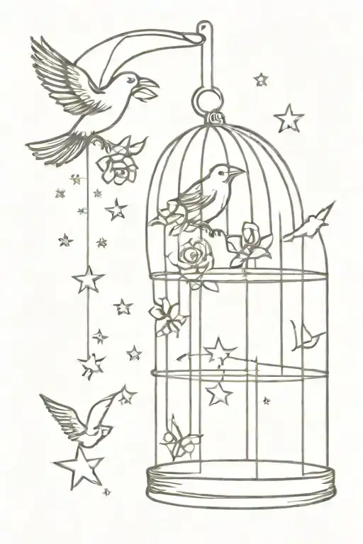 a bird flying out of a cage that imprisoned it, representing freedom, with a little stars and roses tattoo design idea