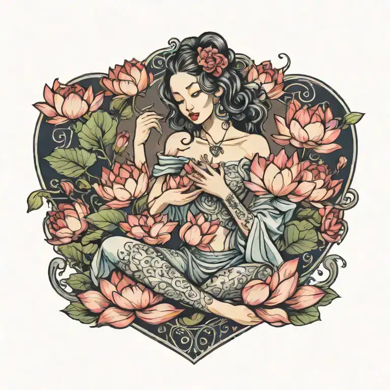 hyper realistic woman, sitting in a heart, holding a lotus flower, Colored, 3d tattoo design idea