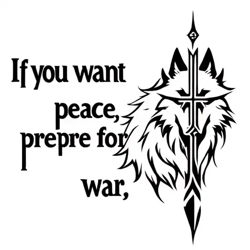 "If you want peace, prepare for war" Wolf and Cross tattoo design idea