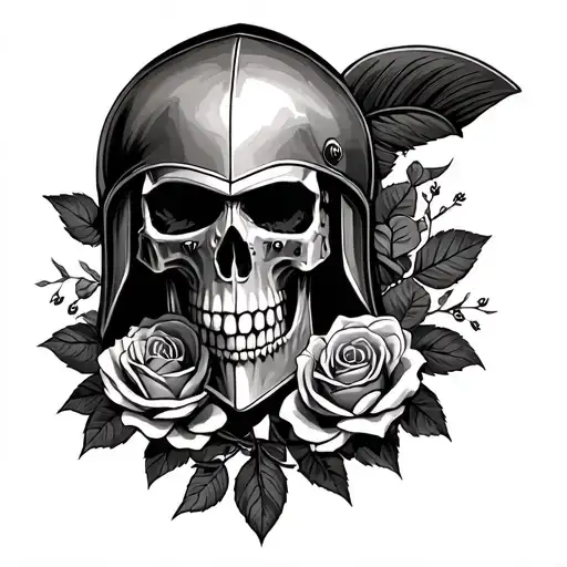 skull and roses with spartan soldier tattoo design idea