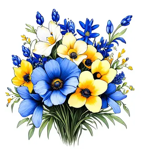 Create a minimal tattoo of a Flower bouquet with bluebonnets, daffodils, poppies, gladiolus, and jonquils  tattoo design idea