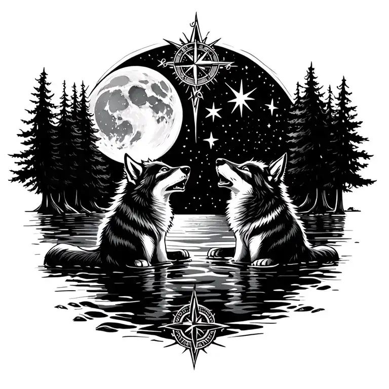 two scared wolf cubs in a lake forest, howling at a full moon surrounded by stars with a compass above.  tattoo design idea