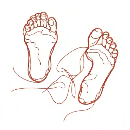minimal red line drawing human footprints tattoo design idea