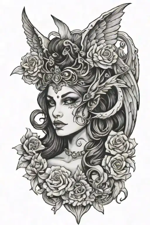 Half Angel half devil woman posing tattoo design idea