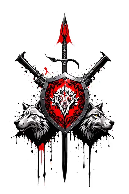 shield adorned with an intricate wolf and a spear and a old fashion gun tattoo design idea