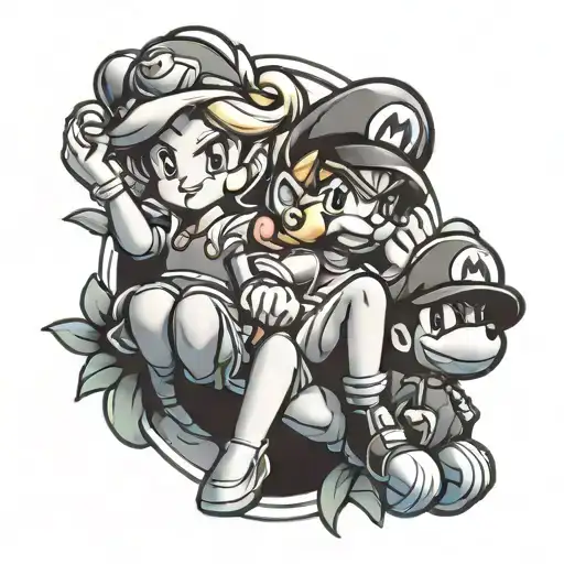 princess peach, waluigi, Luigi, and yoshi tattoo design idea