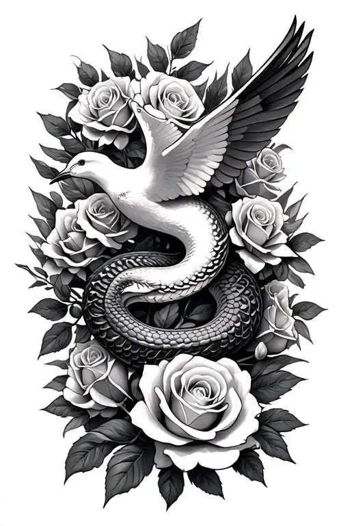serpent and dove intertwined surrounded by roses and olive leaf  tattoo design idea