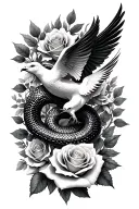 serpent and dove intertwined surrounded by roses and olive leaf  tattoo design idea