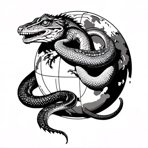 snake and bearded dragon on globe tattoo design idea